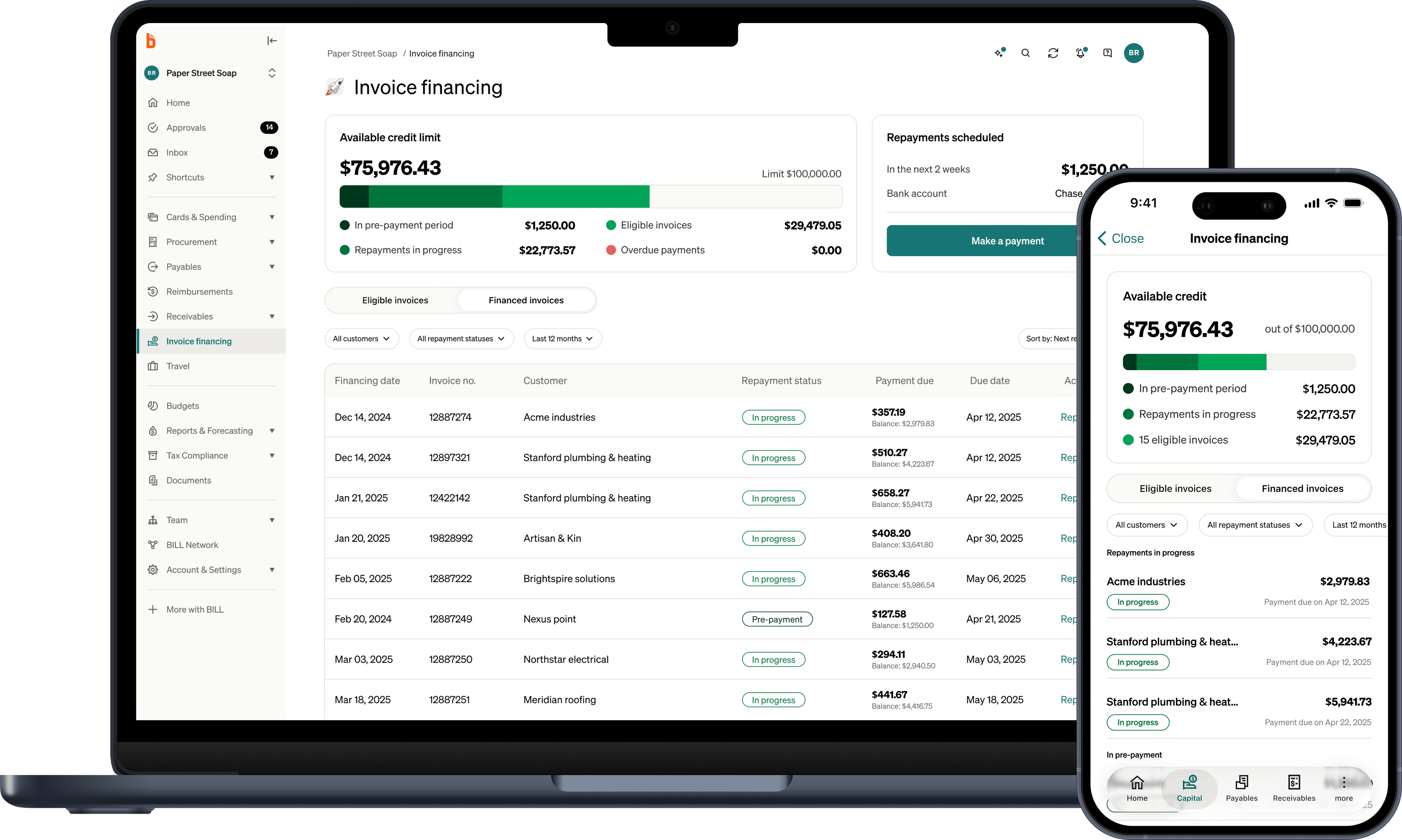 BILL Invoice Financing on desktop and mobile